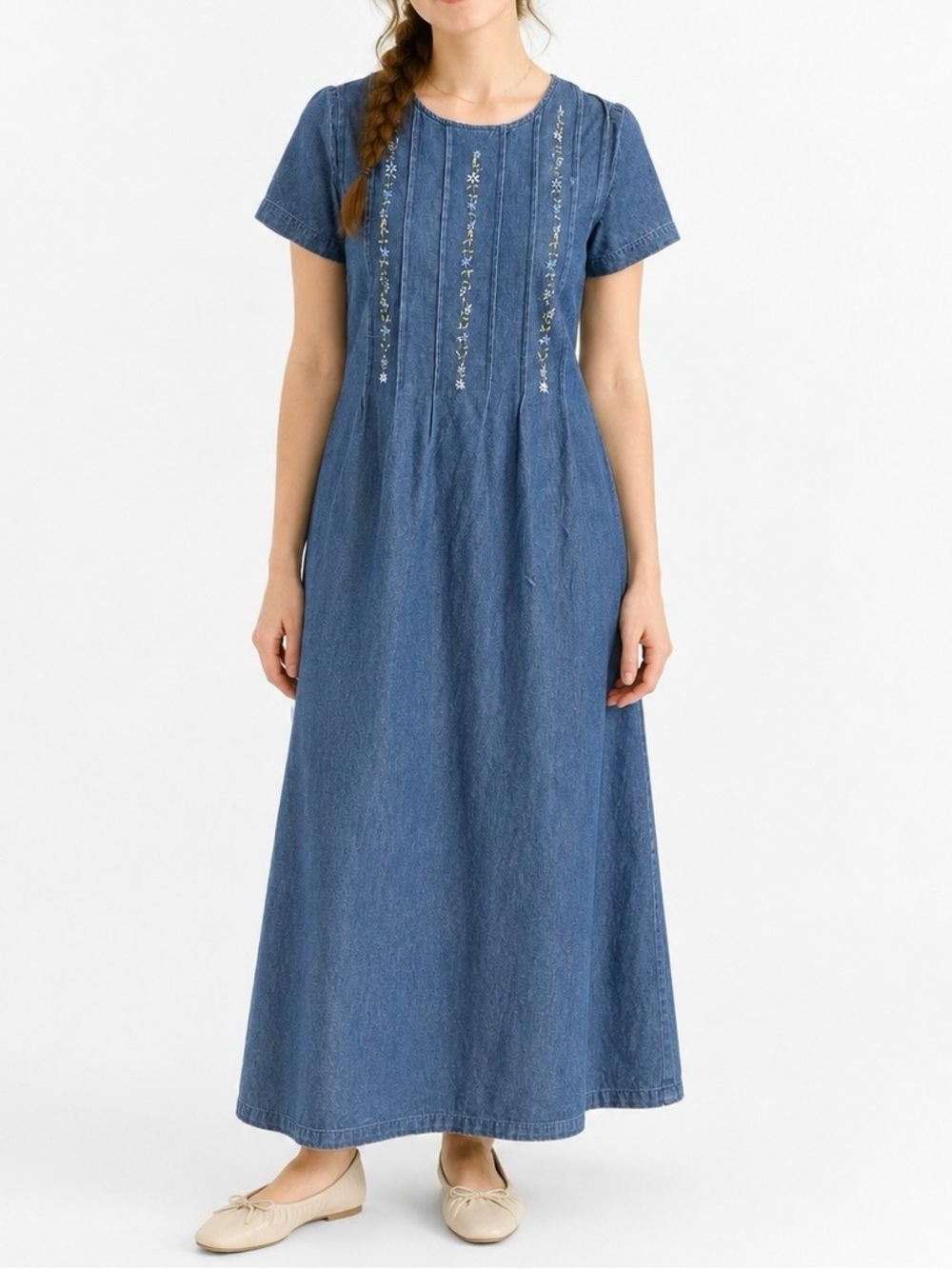 Bobbie Brooks Vintage Denim Embroidered Prairie Maxi Dress Size 6 Small
